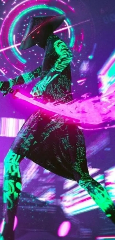 Futuristic neon samurai with pink glowing sword in a cyberpunk setting.