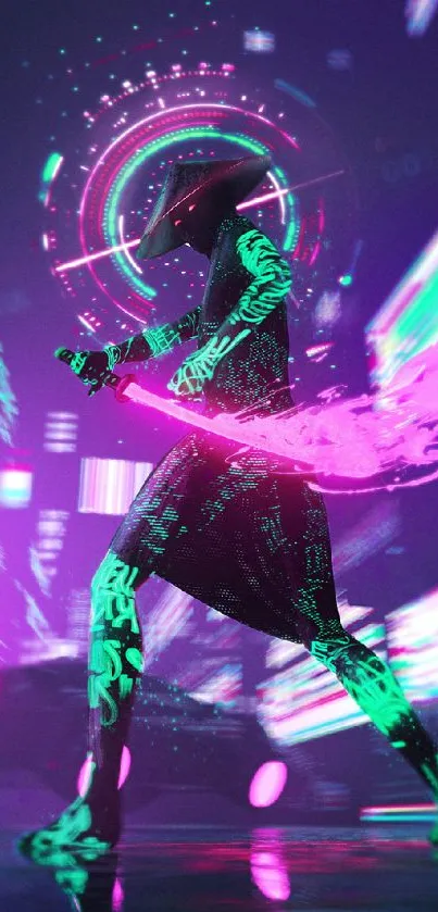 Neon cyberpunk samurai with glowing details and vibrant colors.