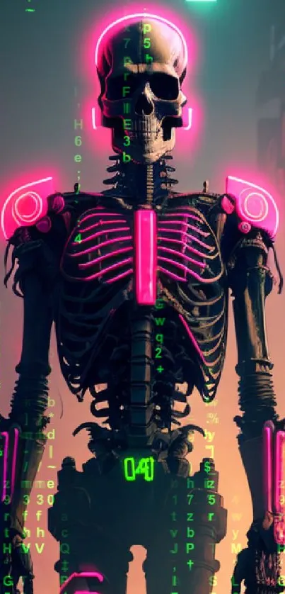 Neon cyberpunk skeleton with neon lights in futuristic cityscape.