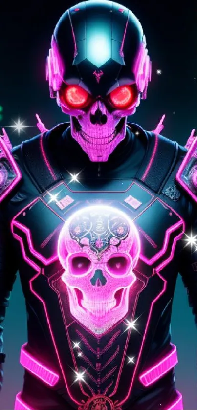 Neon cyberpunk skull with glowing elements on dark background.