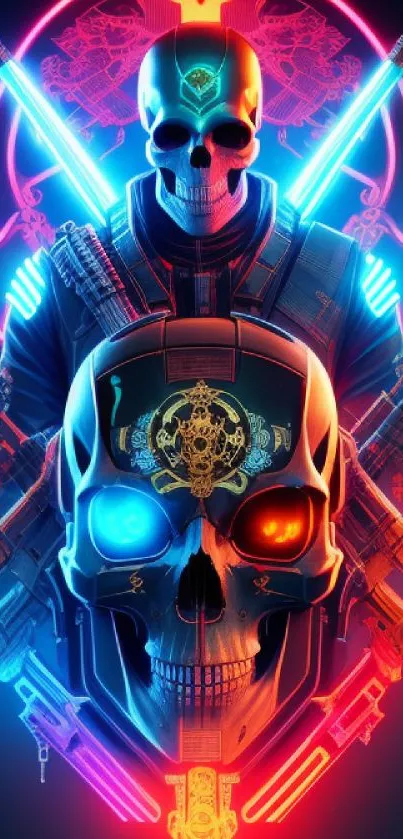 Neon cyberpunk skull art wallpaper with vibrant colors.