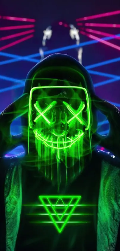 Neon cyberpunk skull with green glow and laser lights.