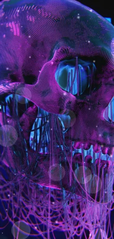 Neon skull art in purple and blue hues, cyberpunk style.