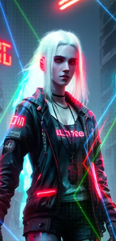 Futuristic cyberpunk character in neon-lit city.