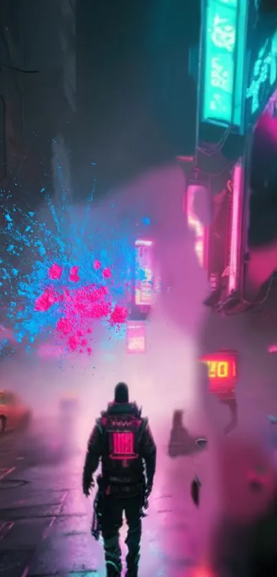 Cyberpunk street with neon signs and a lone figure in vibrant colors.