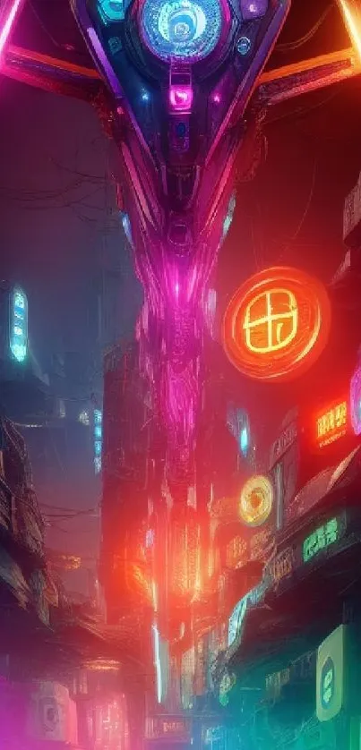 Neon cyberpunk street with vibrant lights and futuristic elements in mobile wallpaper.