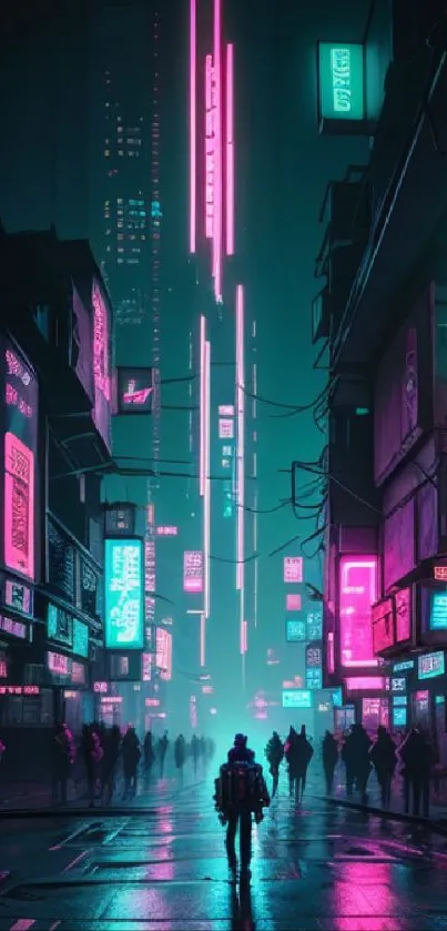 Cyberpunk street with neon signs in vibrant colors at night.