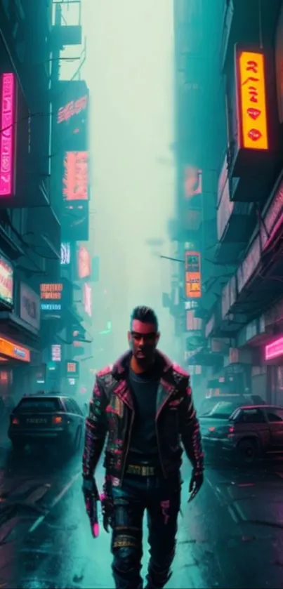 Vibrant neon cyberpunk street with mysterious character.