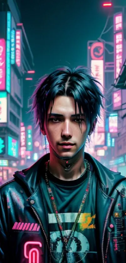 A person stands in a neon-lit cyberpunk street scene with futuristic vibes.