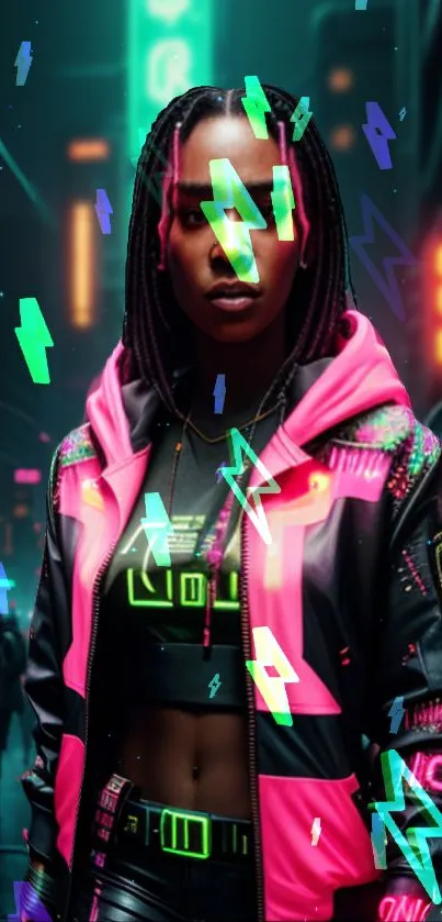 Vibrant cyberpunk street scene with neon lights and futuristic fashion.