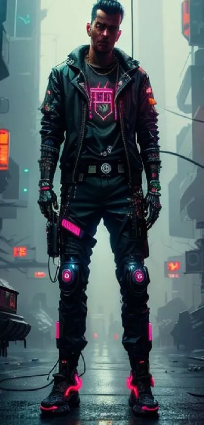 Futuristic street fashion in neon-lit cyberpunk city.