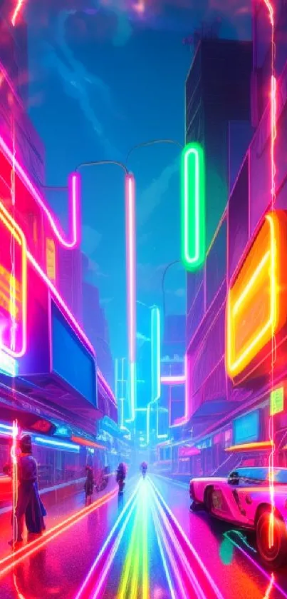 Cyberpunk city with neon lights and futuristic cars.