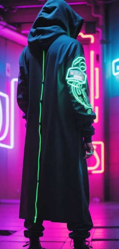 Cyberpunk hooded figure in neon-lit street scene.