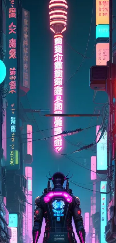 Cyberpunk cityscape with neon lights and a futuristic lone figure.