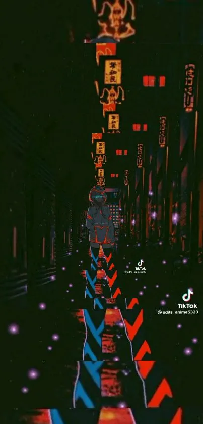 Futuristic neon-lit cyberpunk alley with glowing signs and arrows.