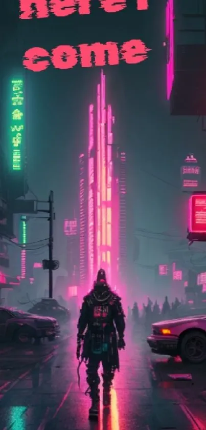 A cyberpunk street scene with neon lights and 'here I come' text.