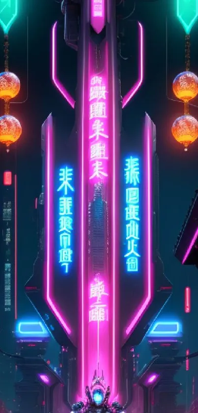 Cyberpunk cityscape with neon lights and futuristic design in vibrant colors.