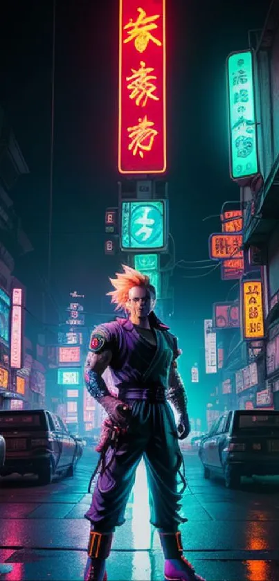 Futuristic warrior in a neon-lit city street at night.