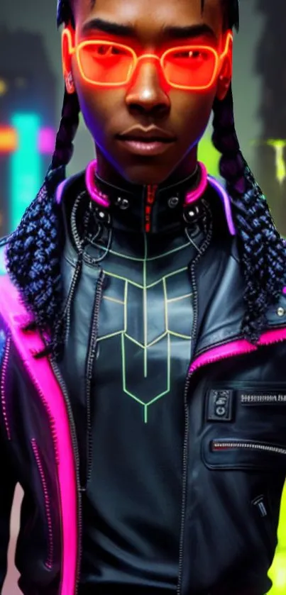 Futuristic neon style artwork with vibrant colors and cyberpunk fashion.