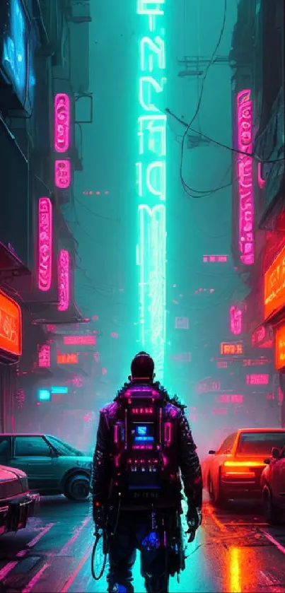 Futuristic person in neon-lit cyberpunk city street scene.