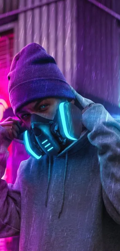 Cyberpunk urban wallpaper with neon-lit figure in mask.