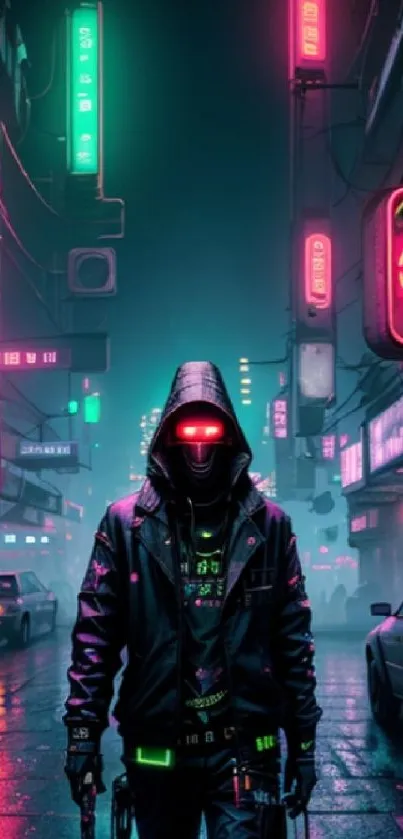 Hooded figure in a neon-lit cyberpunk city street at night.