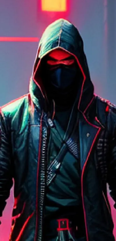 Hooded warrior in neon-lit cyberpunk cityscape.