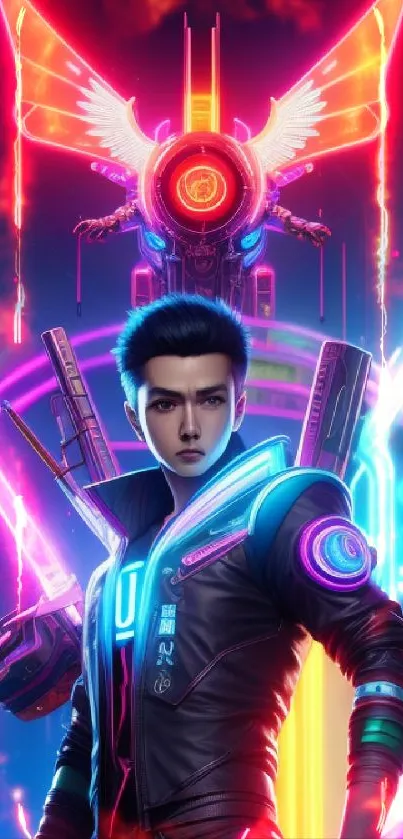 Futuristic neon cyberpunk warrior with vivid colors and tech design.