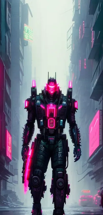 Cyberpunk warrior in neon cityscape with pink lighting.