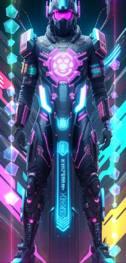 Futuristic neon warrior in striking cyberpunk armor design.