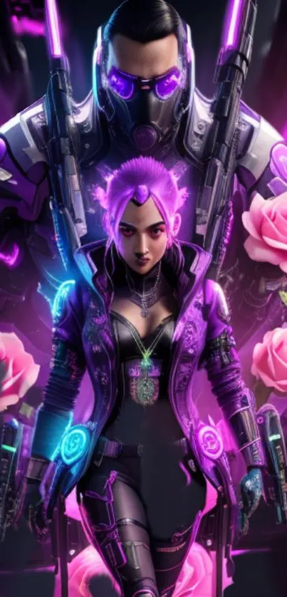 Futuristic neon warrior in purple with pink roses and high-tech elements.