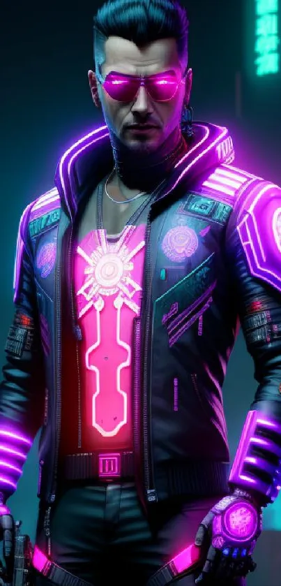 Neon-clad cyberpunk warrior with pink glow in futuristic city setting.