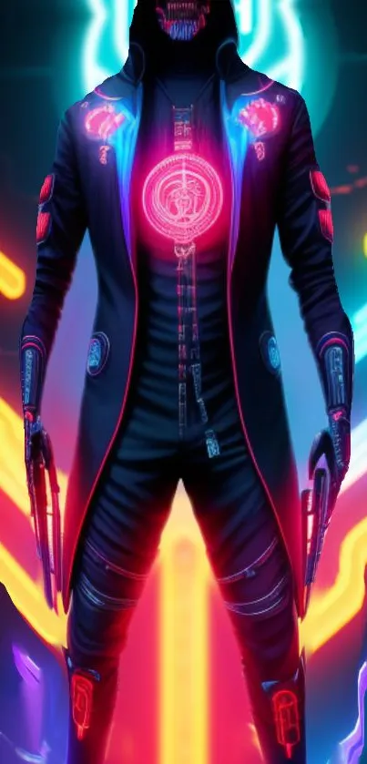 Vibrant neon cyberpunk warrior design.