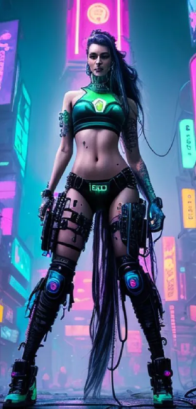 Neon cyberpunk warrior in a futuristic cityscape