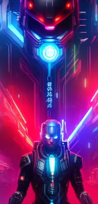 Neon cyberpunk warrior in a futuristic setting with vibrant colors.