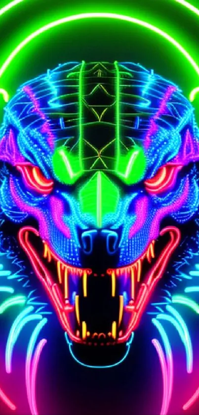 Neon cyberpunk wolf with geometric patterns and vibrant colors.