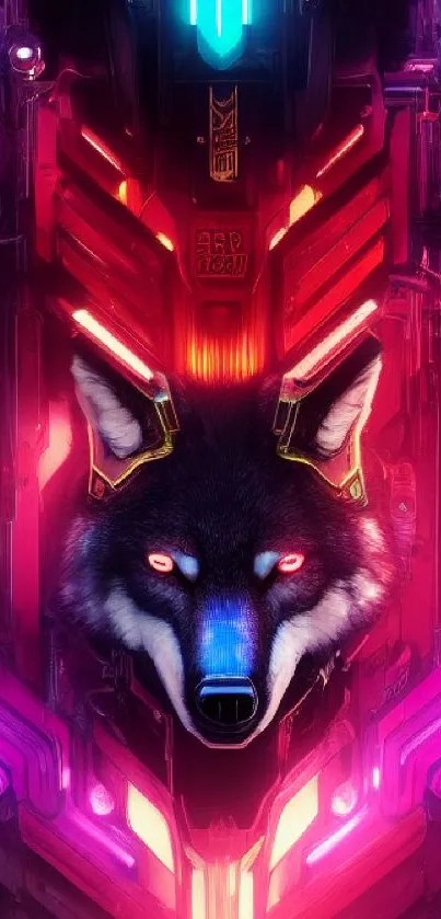 Neon cyberpunk wolf with vibrant colors on futuristic digital wallpaper.