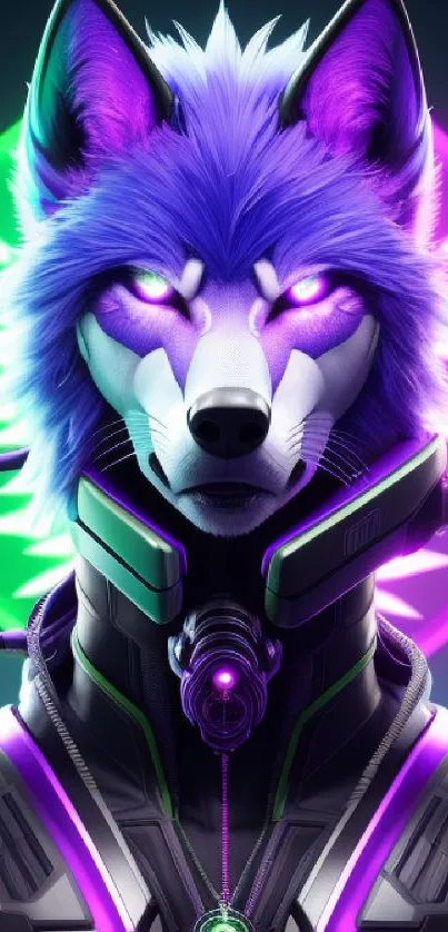 Purple neon cyberwolf against vibrant background.