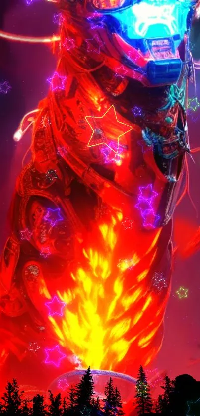 Stunning neon cyberpunk wolf with vibrant red hues and colorful star elements.