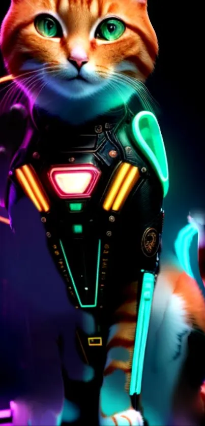 A vibrant neon cyborg cat with futuristic lights and tech armor.