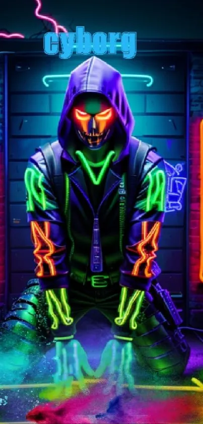 Vibrant neon cyborg digital art mobile wallpaper in a futuristic style.