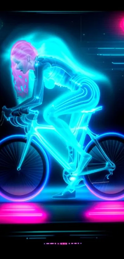 Futuristic neon cyclist digital wallpaper with glowing lights.