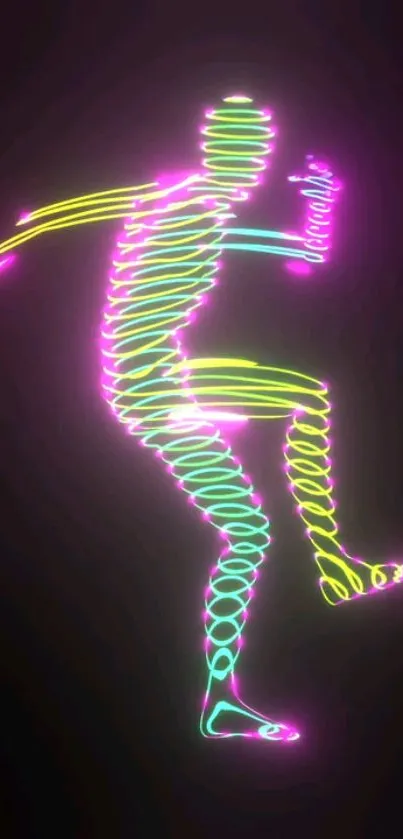 Neon-lit figure captured in dynamic motion on a dark background.