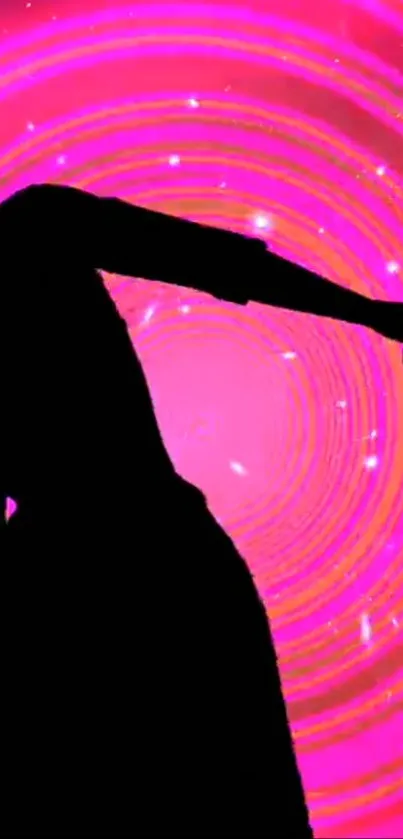 Silhouette dancing in pink neon swirl background wallpaper.