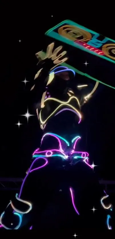 Neon dancer lifting boombox amidst glowing stars.