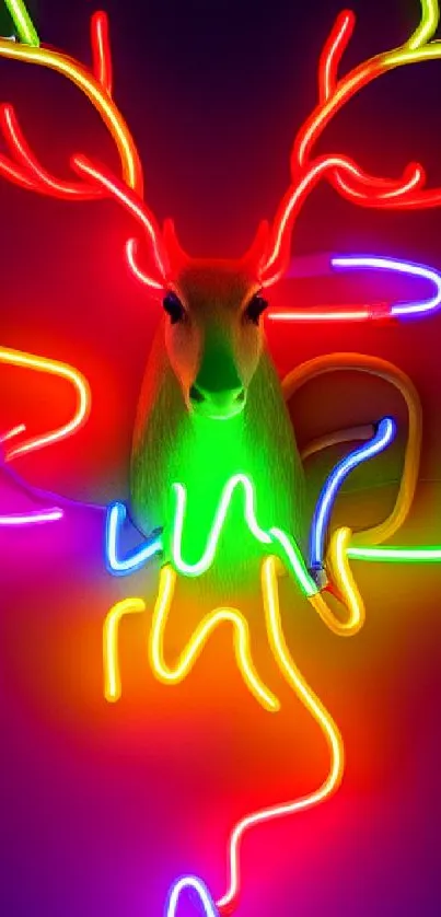 Neon deer with glowing antlers, bright colors on a dark background.