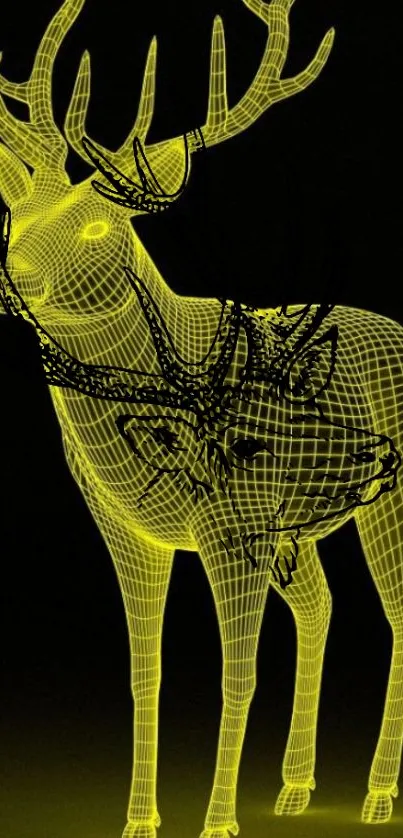 Neon yellow wireframe deer artwork on a dark background.