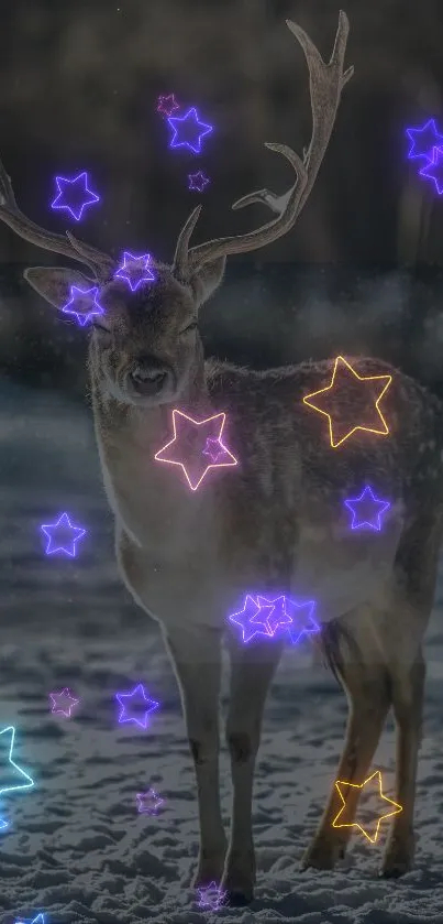 Deer with neon stars in snowy forest wallpaper.