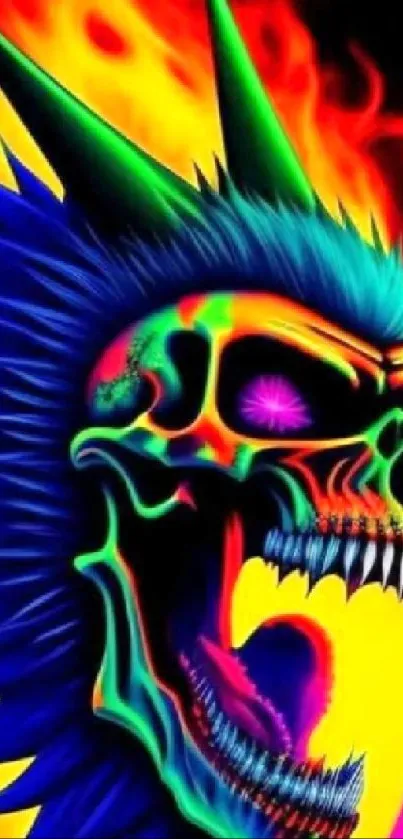 Vibrant neon demon skull with fiery colors.