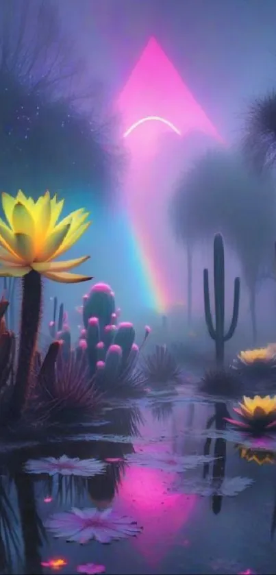 Neon desert oasis with glowing plants and a pink reflective pool at night.